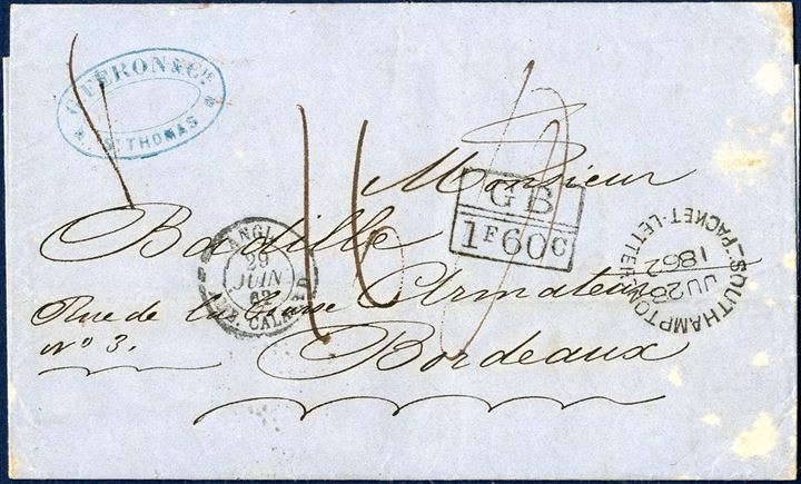 Unpaid letter dated St. Thomas 13 June 1862 to Bordeaux, France. Loose packet letter sent with RMS „SHANNON” arriving and stamped “SOUTHAMPTON / PACKET LETTER / JU28 1862”, rare on letters. London Anglo-French accounting mark “GB // 1F60c” and charged double 8c rate “16” decimes charged. Right side of envelope stained.