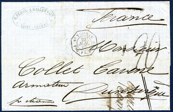 Unpaid entire dated St. Thomas 23. July 1867 to Dunkerque, France. Delivered directly to the French post office where “ST. THOMAS PAQ.FR.B No. 3 23 JUIL 67” was struck. “20” decimes due mark struck, charged by addressee. Posted with French steamer “LOUISIANE” arriving St. Nazaire 6. August.