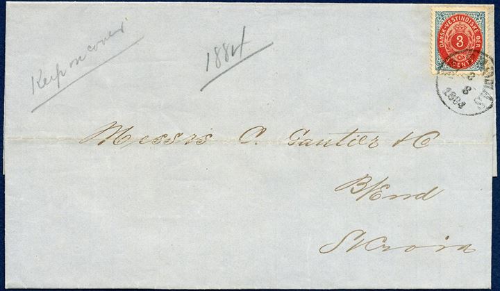 Entire dated St. Thomas 8. August 1884 to St. Croix, bearing 3¢ IV printing tied by CDS “ST. THOMAS 8/8 1884” DAKA Ant. 3 “wide O”, and receiving mark “CHRISTIANSTED 9/8 1884” DAKA Ant. 3 on reverse.
