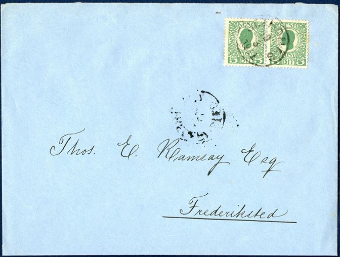 Domestic letter sent from St. Thomas 10. March 1911 to Frederiksted, bearing pair of 5 BIT King Christian IX tied by CDS “ST. THOMAS 10/3 1911” and receiving mark “FREDERIKSTED 10/3 1911” on reverse. 