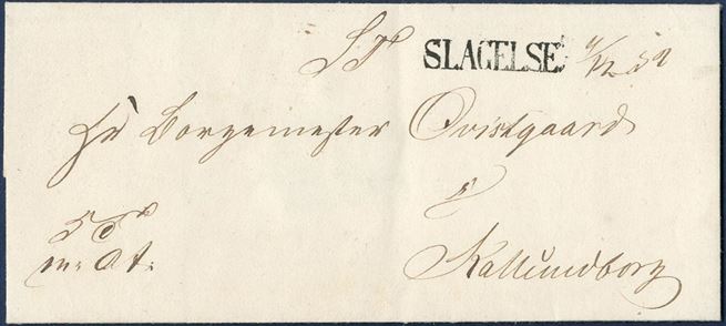 Royal Service letter sent from Slagelse to Kallundborg 4 December 1852 stamped with 1-line mark “SLAGELSE” 4/12 1852. Only recorded used 32 days from November 1852 til Jan 1853.