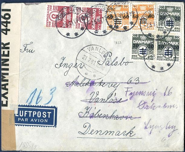 Airmail letter from Thorshavn 2 May 1941 to Copenhagen, Denmark bearing 190 øre stamps in postage, three 20/1 øre and two 60 øre provisional issue 1941 and two 5 øre wavy-line issue, tied by cds “THORSHAVN 2.5.41 17-19” with receving mark “VANLØSE 21.7.41 12,00” struck on front. 20 øre letter rate plus 2x 85 øre airmail surcharge making 190 øre correct franking. British resealing tape “P.C. 90 / OPENED BY / EXAMINER 4461” and German “Geöffnet b” resealing tape and censormark in red. Envelope slightly cut at top.