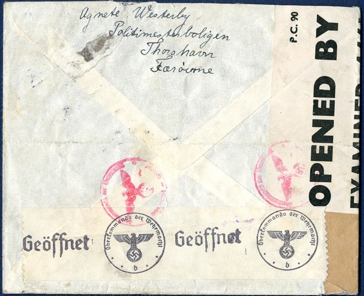 Airmail letter from Thorshavn 2 May 1941 to Copenhagen, Denmark bearing 190 øre stamps in postage, three 20/1 øre and two 60 øre provisional issue 1941 and two 5 øre wavy-line issue, tied by cds “THORSHAVN 2.5.41 17-19” with receving mark “VANLØSE 21.7.41 12,00” struck on front. 20 øre letter rate plus 2x 85 øre airmail surcharge making 190 øre correct franking. British resealing tape “P.C. 90 / OPENED BY / EXAMINER 4461” and German “Geöffnet b” resealing tape and censormark in red. Envelope slightly cut at top.