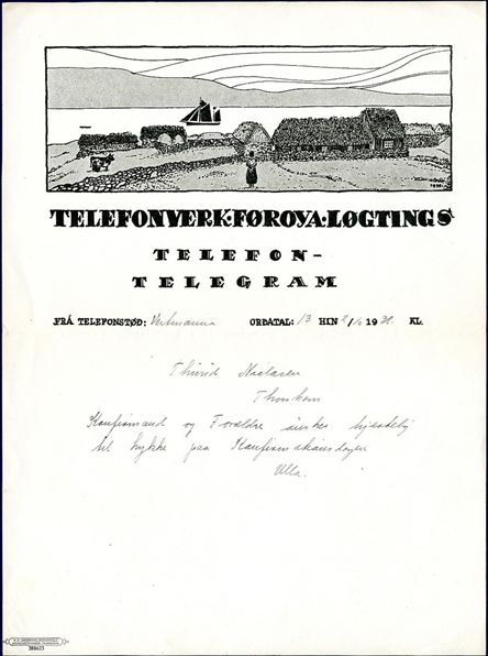 Illustrated topical telephone telegram from Vestmanna 2 October 1938 to Thorshavn with congratulations for confirmation day. A cow, women, and typical Faroese houses and a sailing ship shown in the landscape view.