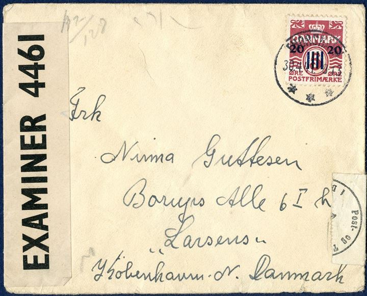 Letter sent from Thorshavn 30. April 1941 to Copenhagen, Denmark, bearing a “20  20”/5 øre provisional issue tied by “THORSHAVN 30.4.1941 9-13” cds. British resealing tape “P.C. 90 / OPENED BY / EXAMINER 4461 and Danish resealing tape and censor mark in red, most of these letters are with German instead of Danish censorship. In Dimmalætting 16 April 1941, it was announced that mail service to Denmark for ordinary letters was open from 16. April 1941, this letter sent only 5 days after the announcement in Dimmalætting.