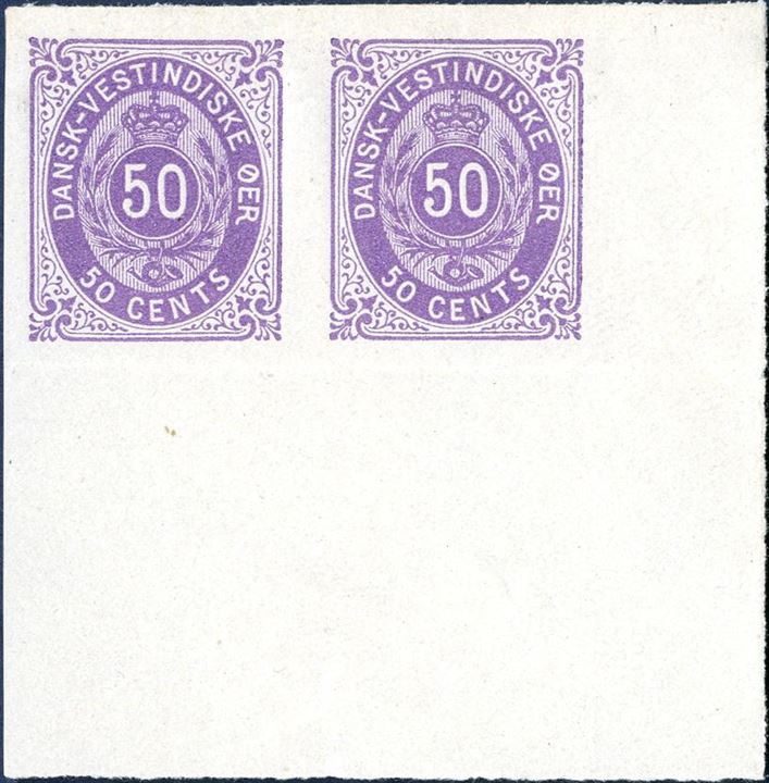 50 cents bicoloured normal frame, pos. 99-100, imperforate pair with large margins from lower right sheet corner. Proof without watermark and gum. Rare.