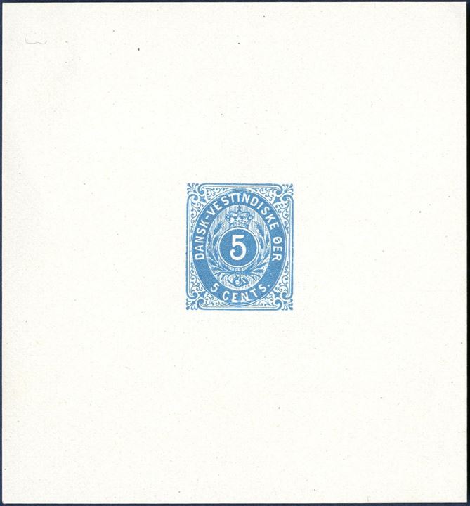 5 CENT bicolored issue (1900), frame main group 5, blue, imperforate color proof with large margins, without gum and watermark. This proof may very well have been made in preparation for the 5¢ blue Coat of Arms issued early 1900. Only recorded.