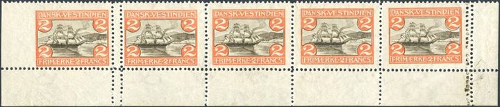 2 Francs St. Thomas Harbour, mint never hinged, strip of five with lower sheet margin, left stamp with imperforate left sheet margin, double perforation between 1st and 2nd stamp and in the right sheet margin. Extremely rare.
