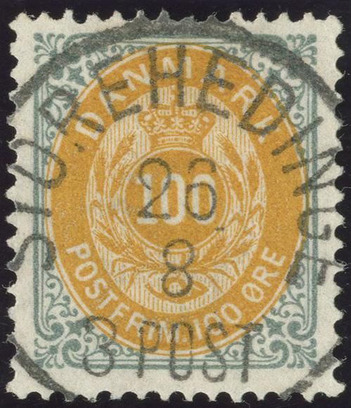 100 øre bicolored II printing 1887, cancelled “STOREHEDINGE 26/8”.