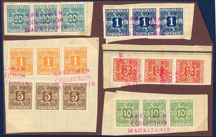 Union Postale Universelle, SPECIMEN COLLECTION MAURITANIEN – Denmark, Postage Due stamps, 1 øre, 5 øre, 10 øre, 20 øre and 1 Kr. on cuts.