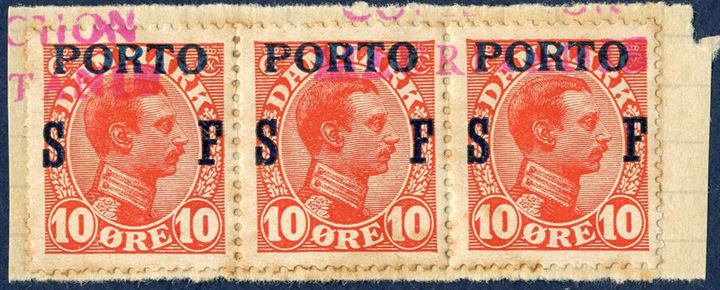 Union Postale Universelle, SPECIMEN COLLECTION MAURITANIEN – Denmark, King Christian X, Overprint PORTO SF, Soldiers Stamp 10 øre strip of three on cut.