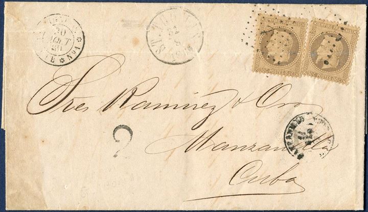 Folded letter dated St. Thomas 29 August 1869, to Manzanillo, cuba. Prepaid with two French 30c. Empire for the 60c Caribbean rate, tied by anchor lozenge cancel and French CDS “ * LIGNE – D / PAQ. FR. *. No. 1 * ”, rarely used on mail from St. Thomas. I have recorded two no. 1 and one no. 2 and CDS ST. THOMAS / 31/8 1869, vertical fold through stamps, Manzanillo 11 SEP, charged “2” reales fee in Cuba.