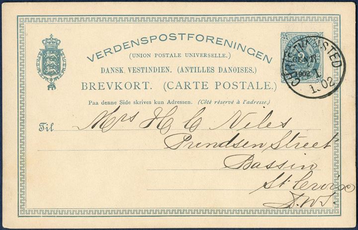 Single postcard “1 CENT 1901” on 2¢ blue 5 lines, Frame Group 3F, sent from Christiansted 27 January 1902 to St. Croix. Genuine usage, rare on the provisional cards. 
