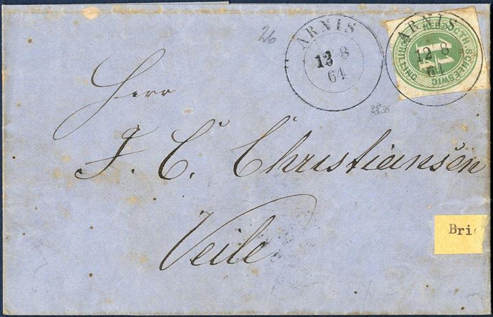 Letter sent from Arnis to Veile 13 August 1864 bearing a 1 1/4 Sch. “HERZOTH. SCHLESWIG” green (Mi. 4) and tied by “ARNIS” Prussian two-ring mark. During the “Overenskomstløse periode” the postage from Schleswig to Denmark appear to remain unchanged contrary to mail to/from Holstein and Lauenburg. Rare postal document.