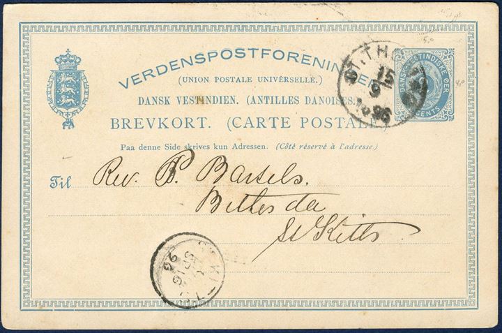 Single postcard 2¢ blue 5 lines, Frame Group 3Ha, with blurred 1st “ENPOST” in 1st text line sent from St. Thomas 15 September 1896 to St. Kitts, with receiving mark on front. Sent at the 2¢ Caribbean favored rate within 300 nautical miles, a rare postal rate on postcards.