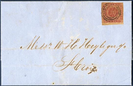Entire letter sent from St. Thomas 8 January 1864 to Christiansted, bearing the 3¢ imperforate yellow gum, tied by 3-ring St. Thomas, on reverse CDS “ST: THOMAS / 8/1 1864”. Large margins on two sides, excellent condition.