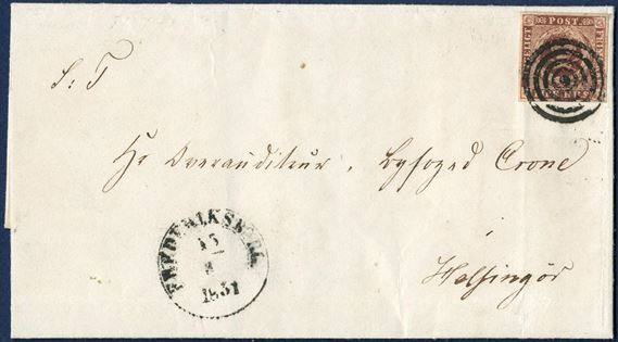 Entire sent from Frederiksborg 15 May 1851 to Helsingør, bearing a 4 RBS Ferslew plate I, pos. 30 tied by mute cancel. Antiqua Frederiksbrog appears as month is a “3” instead of 5.