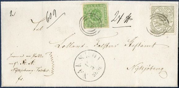 Parcel letter sent from Nakskov (1867 ? ) to Nykjøbing, weighing 24  and list no. 609, beraing a 8 sk. 1857 dotted spandrels and 16 sk. Coat-of-Arms issue II. printing (June 1866), tied by numeral 43 and Nakskov CDS. 8 sk. with large margins, 16 sk. with small repair on NV-corner.  