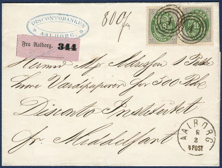 Value parcel letter from Aalborg 8 February 1871-72 to Middelfart. Two 16 sk. I. printing tied by numeral “4”, CDS Lapidar “AALBORG 8/2 4 POST”. Lilac value parcel label “Fra Aalborg. 344” for 500 Rdl., weighing 80 kvint. Parcel 250-500 gr. = 16 sk., fee value parcel 8 sk. plus insurance 100-1000 RD = 8 sk., total 32 sk. Correct franking. Superb looking, but right stamp a horizontal crease at lower left corner.