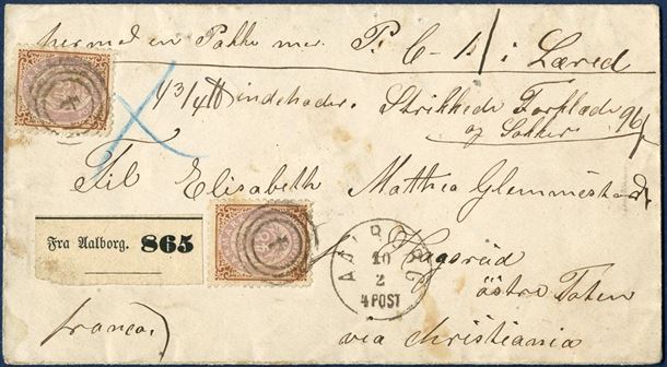 Parcel letter sent from Aalborg 10 February 1871/72 to Hagerud via Christiania, Norway. Two 48 sk. bicolored issue tied by numeral 4, CDS lapidar IIa-1 “AALBORG 10/2 4 POST”. Parcel label “Fra Aalborg. 865”, one parcel 4 3/4 . Letter 8 sk. plus, parcel rate 8 sk. plus 16 sk. for each of the 5 , = 96 sk. Very few such impressive 48 sk. letters known, and the purple colour of the stamps are far better than what to expect of this stamp.