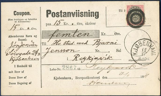 Money order with 15 kr. sent from Copenhagen 12 November 1881 to Reykjavik, bearing a 20 øre bicolored VI printing tied by 2-ring Copenhagen Parcel Post cancel, on complete Postanvisning form.