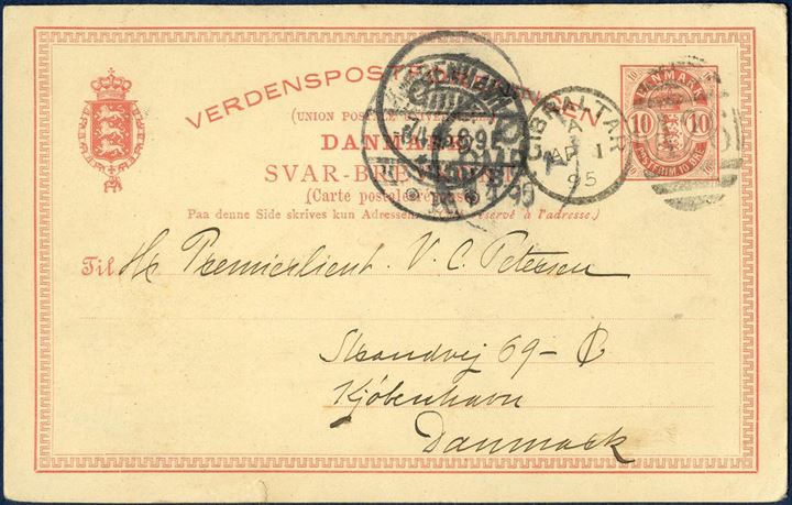 10 øre Coat-of-Arms large corner figures, Reply side used back from Gibraltar 1 April 1895 to Copenhagen, cancelled with Duplex A26 and Copenhagen receiving mark on front. Extremely rare when sent from Gibraltar.