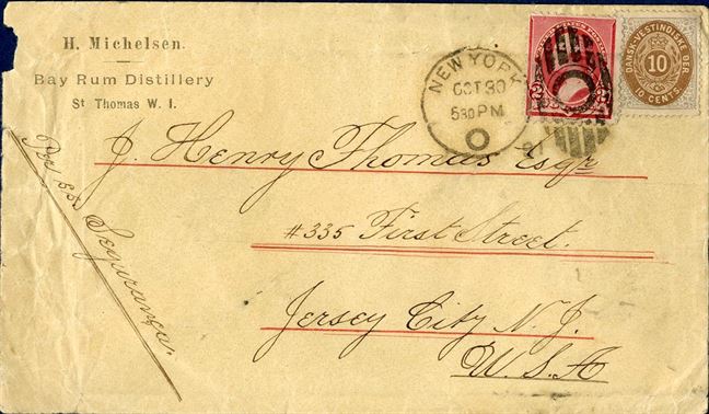 Letter sent from St. Thomas to Jersey City 30 October 1891 bearing a 10 cents V printing and a 2c US tying the US stamp to the envelope and not taking into account the 10 cents which were paying the rate to US. Shipped aboard the steamer s.s. “Esqurança”. Rare combination of US and DWI stamps on envelope together, some wrinckles on the left on envelope.