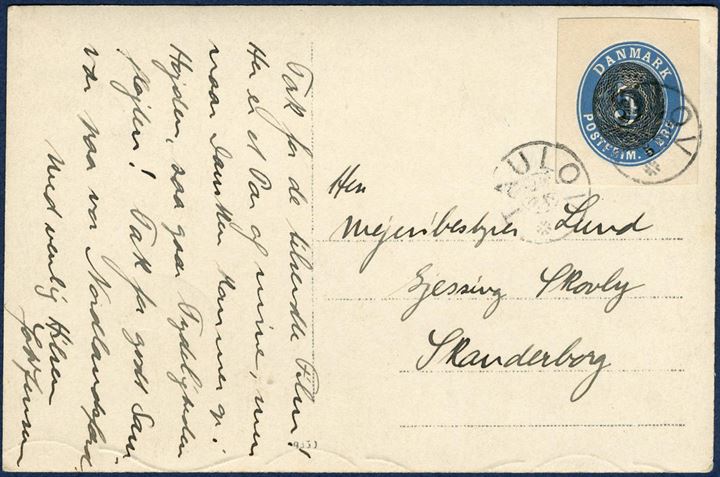 Postcard sent from Taulov ca. 1904 to Skanderborg, franked with 5 øre/4 øre provisional stationery envelope cut-out tied by TAULOV star-cancel. 