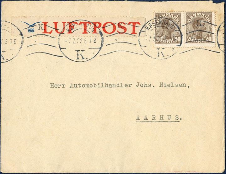 Air Mail service erected due to frozen waters at Storebælt on 7th February to Aarhus. Letter sent from Copenhagen 7 February 1922 to Aarhus bearing two 20 øre Christian X issue, paying 20 øre letter rate and 20 øre surcharge for the Air mail surcharge. The plane flew between Aarhus-Samsø and Kalundborg. The Air Force established a tent camp at Gisseløre near Kalundborg and an  “Airport” was made directly on the ice, Airmail label 87x13 mm. First Day of Ice Air mail service. The flights from Kalundborg-Aarhus-Kalundborg made a stop at Samsø, flown by pilot Bjarkov.