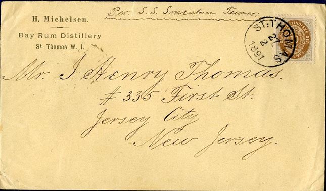Letter sent from St. Thomas to Jersey City 27 February 1891 bearing a 10 cents V printing tied by “St. Thomas” CDS and NY transit and Jersey City arrival mark on reverse. Shipped aboard the steamer s.s. “Smeaton Tower”.