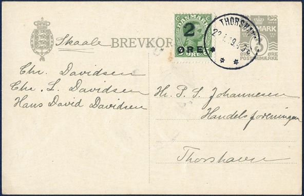 3 øre wavy-line single postcard sent within Thorshavn 22 January 1919, uprated with provisional 2 ØRE on 5 øre King Christian X, tied by CDS Thorshavn. 