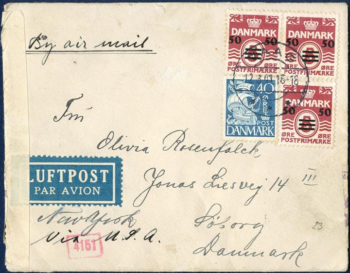 Airmail letter from Vaag via Lissabon/New York to 12 March 1941. This letter is mailed prior to the very short period when London allowed mail to Denmark from April 4 to May 29, 1941. Franked with three 50/5 øre provisional 1st printing and 40 øre adhesive. Rate to Denmark 20 øre, 2x 85 øre air mail surcharge per 5 gram = 190 øre. British censor strip “OPENED BY / EXAMINER 4466” and German München censor strip. 