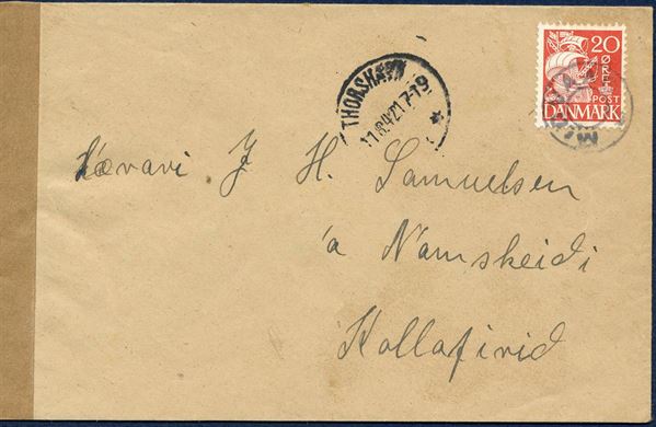 Letter from Midvaag to Kollefjord via Thorshavn 11 August 1942, bearing a 20 øre caravel issue tied by removed star cancel “MIDVAAG”. Local military censorship by the British forces sealed with neutral brown censorstrip and stamped with two-line OPENED BY / MILITARY CENSOR.