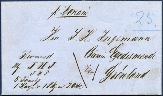 Parcel letter sent from Copenhagen 10 May 1865 to Egedesminde, Greenland. Sent with Briggen “Mariane” which was in Greenland voyages from 1839 to 1869. The ship ran aground 7 May 1869 on the rocks the fake Kookøer 4 mil north of Nuuk, no one died, but wrecked. The letter is complete, including St. Croix Rhum. Noted “25” in blue crayon, the number on the ship mail list. Beautifully preserved.