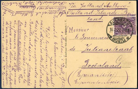 Postcard sent from Auerbach 18 February 1922 to Julianehaab, Greenland. Postcard written in Esperanto, a most unusual destination for a Esperanto letter. 