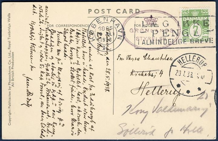 Picture postcard sent from Holsteinsborg 28 May 1938 to Hellerup, with 7 øre yellowgreen wavy-line adhesive tied by Copenhagen TMS 19 July 1938. Transit cachet oval “GRØNLANDS / STYRELSE” DAKA 24 in purple. 