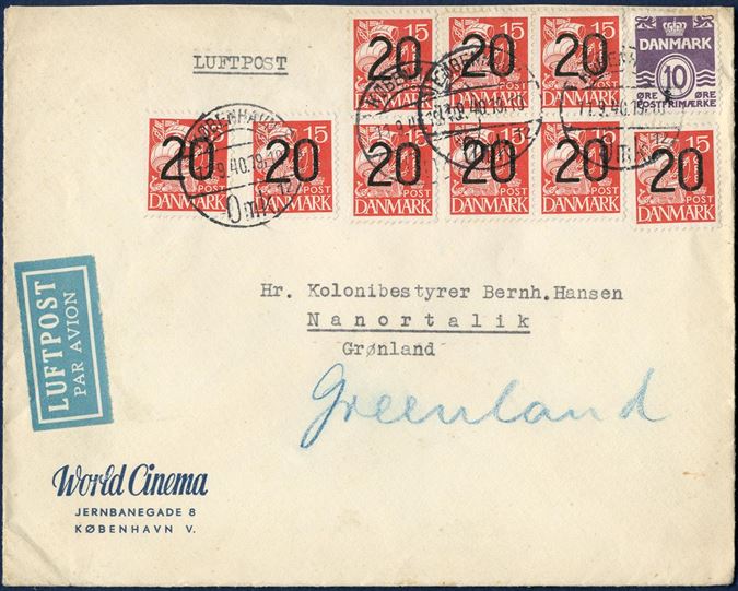 UNCENSORED Airmail letter from Copenhagen 11 September 1940 to Nanortalik, Greenland. Nine 20/15 øre provisional and a 10 øre wavy-line tied by CDS KØBENHAVN 11.9.1940. Rate to Greenland 20 øre, 2x 85 øre air mail surcharge per 5 gram = 190 øre. Passed through the censorship witihout being censored, as the received was a government official at the Colony Nanortalik, postal routing instruction “Greenland” in blue crayon. Few such letters known to Greenland without any censor markings.