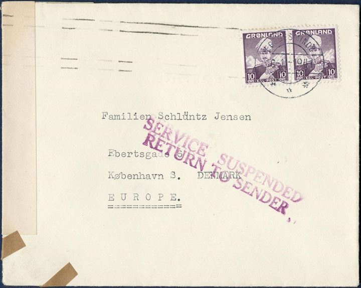 Letter sent surface mail from Egedesminde 6 November 1941 to Copenhagen, Denmark. At this time, all mail was sent through US. The letter arrived in NY, there censored and sealed with censorstrip “EXAMINED BY / 6428” and after the attack on Pearl Harbor on 6 Dec 41 and mail to Denmark was then censored, and suspended. NY Morgan Annex 17 APR 1942 on reverse, on front stamped large type “SERVICE SUSPENDED / RETURNED TO SENDER.” 