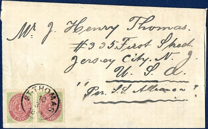 Printed matter wrapper band sent from St. Thomas to Jersey City 10 March 1891 bearing two 1 cents VI printing tied by “St. Thomas” CDS. Printed matters are extremely unusual from Danish West Indies, small defect on lower left corner of stamp.