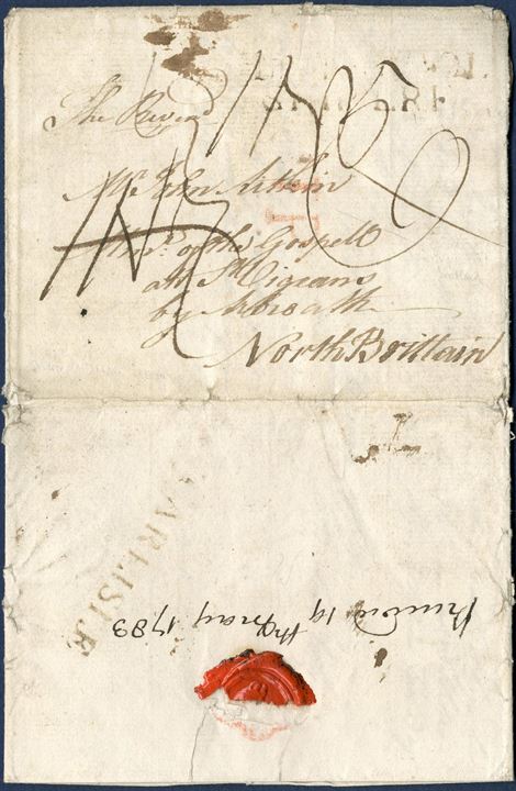 Entire dated St. Croix 25 March 1783 sent to Arbroath, North Brittain. Arrived in Liverpool and struck “LIVERPOOL / SHIP LRE” on front, with part of red strike SHIP where only IP is readable, and transit 1-line mark CARLISLE on reverse. Charged “9” with 1d captain’s fee, 4d (over 80 miles) to Carlisle and 4d to Arbroath, total 9d. Charges as double weight letter, 1d plus 2x 8d, total 1/5 (=17d). An charge of 1/7 crossed out and not counted. A rare and early letter from The Colonial postal period 1754-1807.