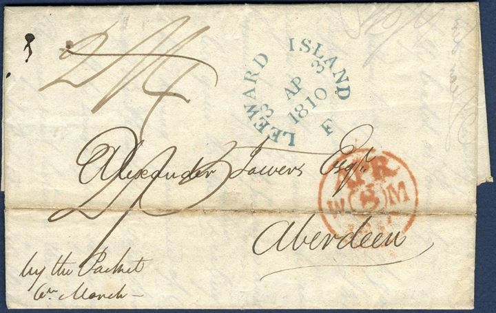 Entire dated St. Croix 5 March 1810 to Aberdeen, Scotland and Edinburgh datestamp in red “APR / W / 8 / M / 1810”. Packet rate West Indies to Falmouth 1/1d, Falmouth to Aberdeen inland rate 600-700 miles 1/4d, total 2/5 charged by addressee. Only one of two blue impression of this postmark known, and this is the finest of the two. This being a single letter, the other a double rate letter, both sent at exactly the same date.