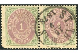 1 Cent bicolored I printing, position 17-18 in the sheet, used pair cancelled ST. THOMAS 16.9.1877. Right stamp pos. 18 with INVERTED FRAME, in this condition and in pair a most desirable bicolored rarity of DWI stamps, left stamp with round SW-corner.