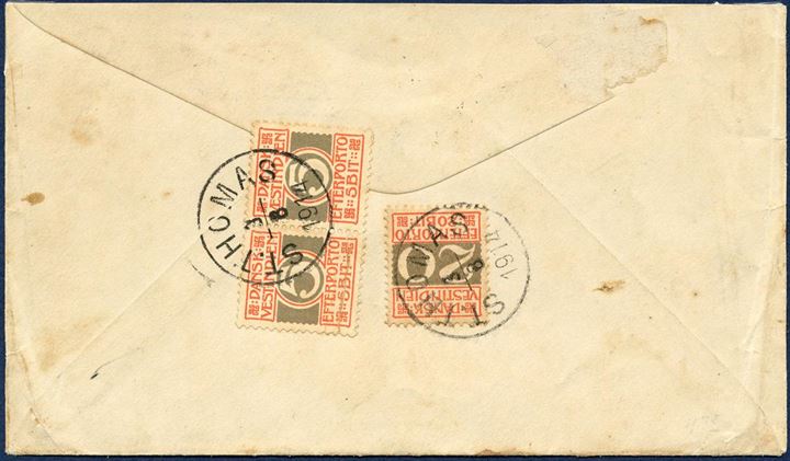 Envelope sent from New York 25 July 1914 to St. Thomas. Franked with 2c US, and charged 30 in blue crayon and tax stamped “T NY 30 CENTIMES”. On back two 5 BIT EEFTERPORTO and 20 BIT affixed and stamped with datestamp “ST. THOMAS 3/8 1914”, left 5 BIT with horizontal tear, that does not affect the apeal of this mixed franking tied with postmarks.