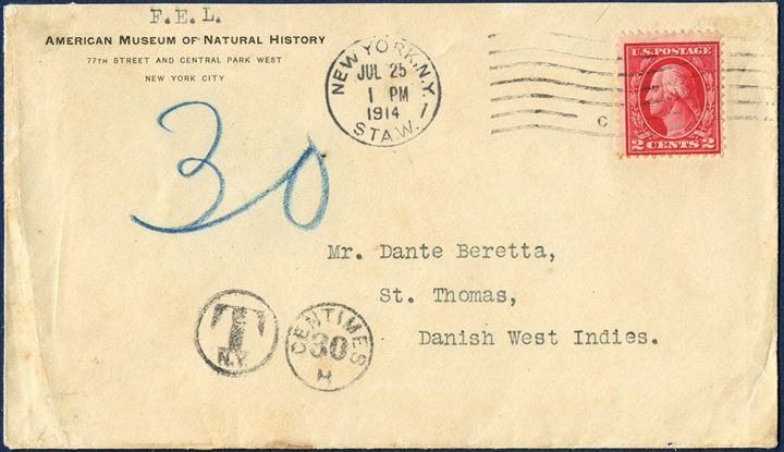 Envelope sent from New York 25 July 1914 to St. Thomas. Franked with 2c US, and charged 30 in blue crayon and tax stamped “T NY 30 CENTIMES”. On back two 5 BIT EEFTERPORTO and 20 BIT affixed and stamped with datestamp “ST. THOMAS 3/8 1914”, left 5 BIT with horizontal tear, that does not affect the apeal of this mixed franking tied with postmarks.