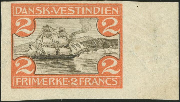 2 Francs St. Thomas Harbour, hinged, imperforate. Extremely rare.