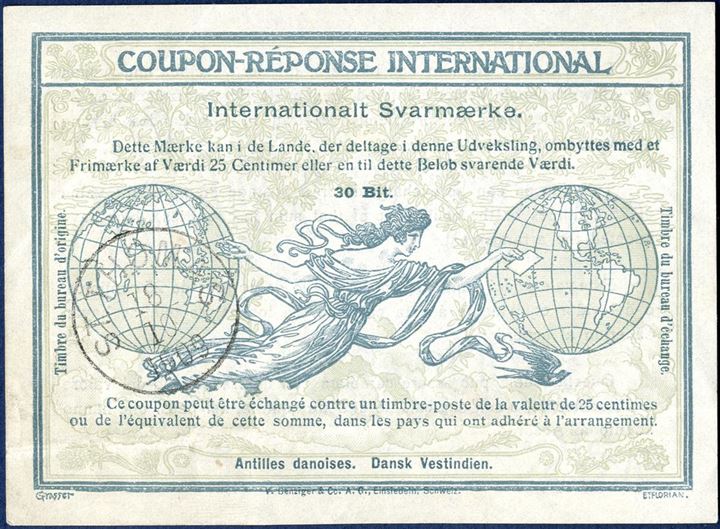 “Dansk Vestindien” 30 BIT Coupon-Réponse International issued St. Thomas 18.10.1909. Type II, Rome Issue. Only six recorded, horizontal fold below.