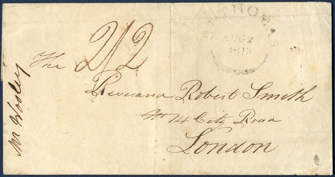 Letter sheet stamped “ST THOMAS / Aug 2 / 1813” British fleuron mark, sent to London and backstamped circled “D / 9 SE 9 / 13”. Charged 2/2. Single packet letter rate 1/2 (1813-37), to London 1/ (Falmouth-London 1812-39, 200-300 miles), total rate charged 2/2.