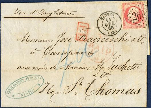 Letter from Nantes to St. Thomas 14 April 1866 to Carupano, care of St. Thomas agent. Routing instruction Voie d’Angleterre, stamped P.P. and London transit AP16, with receiving mark closed ring ST. THOMAS A MY2 66 on reverse. Charged 4d due, the letter has been forwarded to Carupano, Venezuela. From Southampton RMSPC SEINE arriving 1 May at St. Thomas. A most unusual mixed franking with French and British postage.