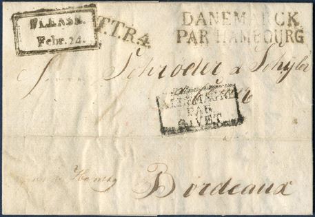 Letter sent from Flensburg 24 February 1824 to Bordeaux, franco Hamburg. – T.T.R.4 – DANEMARCK / PAR HAMBOURG – and Danish boxed – FLENSB. / Febr. 24. – possible type RAM-1.