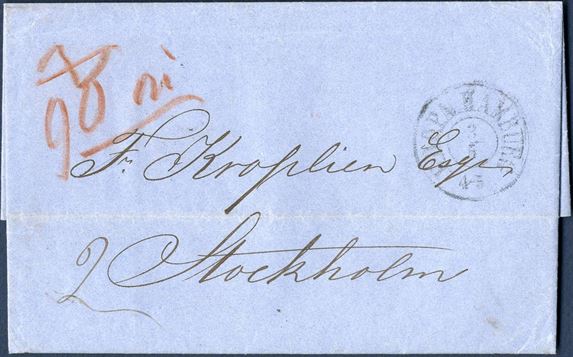Unpaid letter from London 1 May 1861 to Stockholm. Privately carried to Hamburg, from there posted at the Danish post office and struck - K.D.O.P.A. HAMBURG 4-5 3/5 – Charged in Sweden 90 öre in red crayon due du by addressee.